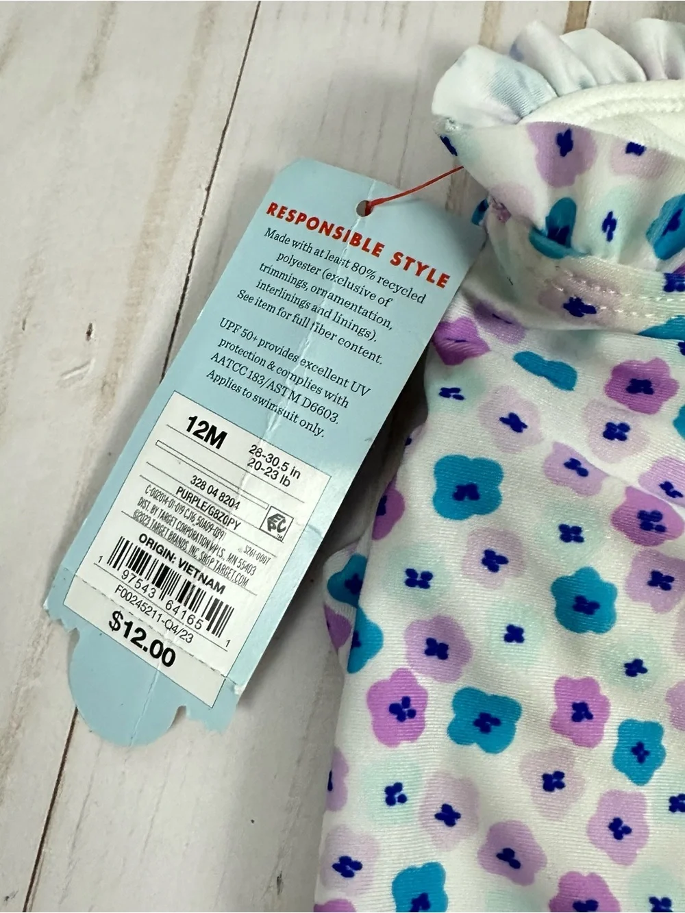 CAT & JACK baby toddler purple & blue floral one-piece swim suit - size 12 m